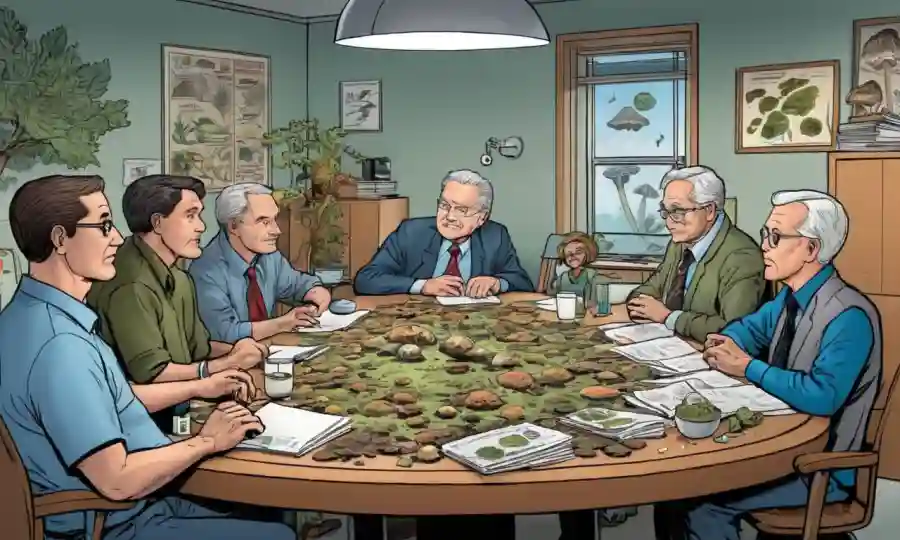 Una escena de mesa de conferencias con micólogos discutiendo temas relacionados con hongos.
