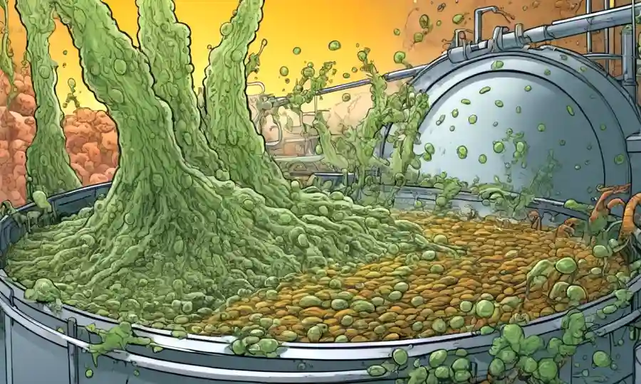 Substraer microorganismos interactuando en un tanque de proceso de fermentación.