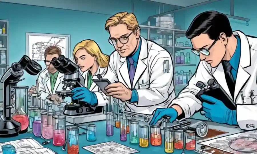 Técnicos de laboratorio analizando muestras en platos petri y microscopios en medio de gráficos científicos y equipos.