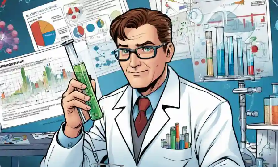 Un científico que sostiene un tubo de prueba con agente de biocontol, rodeado de gráficos y gráficos.