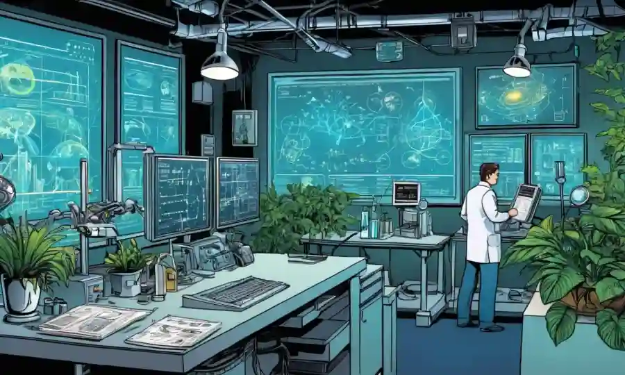 Gráficos científicos y diagramas en pantallas en medio de equipos y plantas de laboratorio.