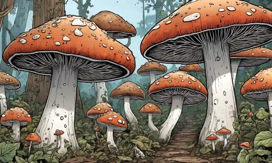 Una estructura artística ilustrada de hongos con descomponentes en acción.