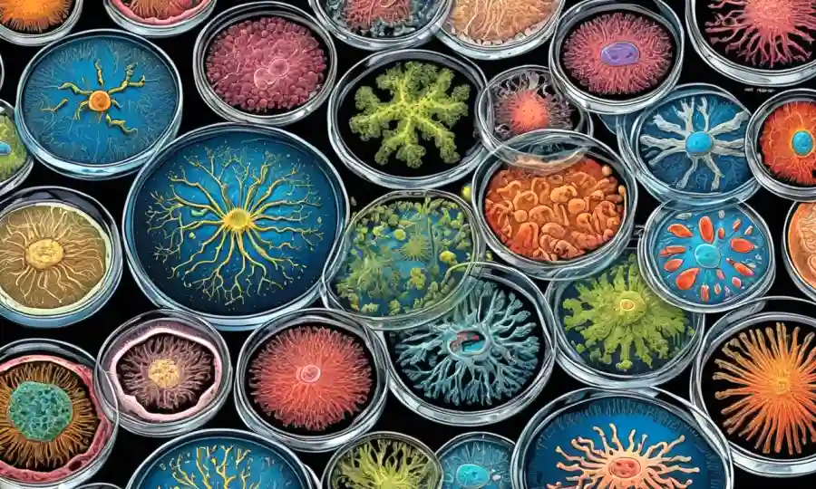 Ilustraciones microscópicas de etapas de vida microbiana en un plato petri.