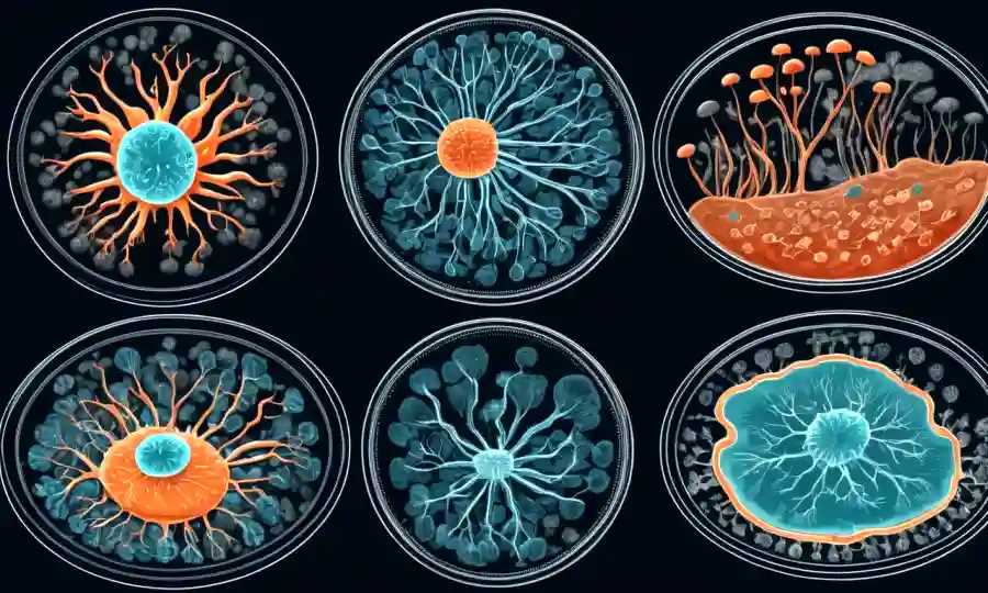 Estaciones de crecimiento de hongos microscópicos en platos y diagramas de petri de laboratorio.