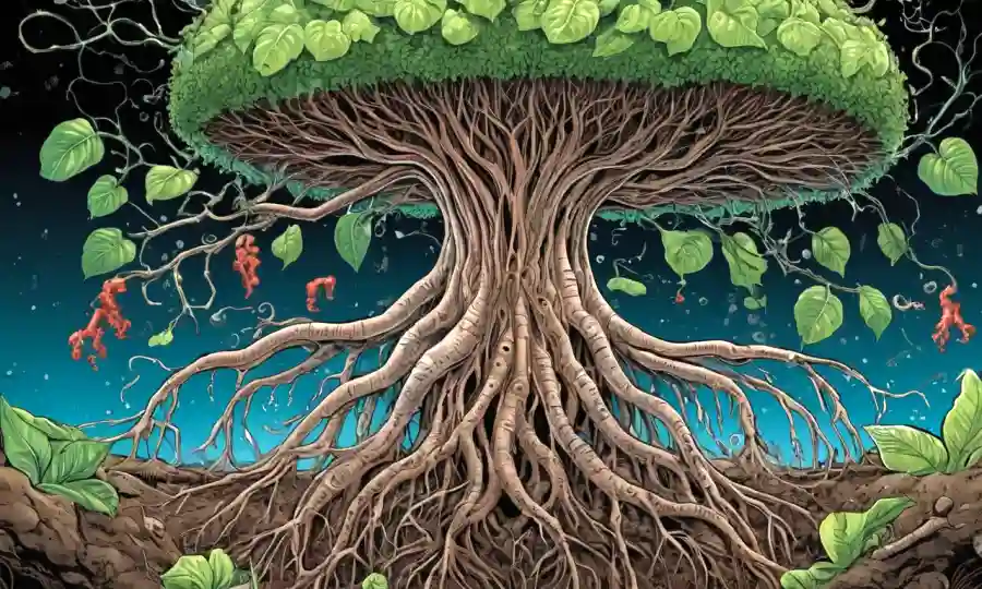 Las raíces vegetales rodeadas de microbios en un ciclo simbiótico.