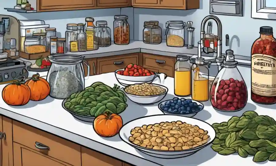 Varios ingredientes de fermentación se miden y se organizan en un mostrador de cocina.