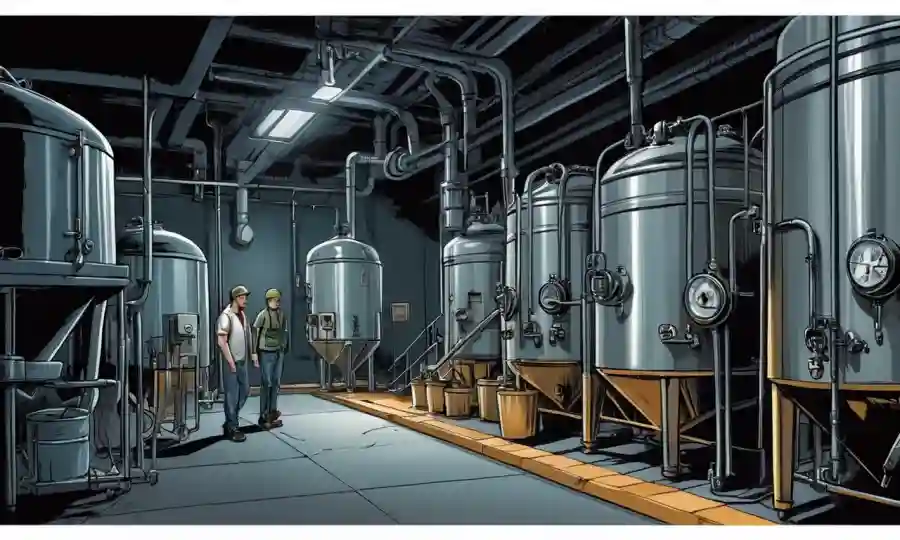 Un grupo de pasos de cervecería se siguen en una habitación oscura con equipo de fermentación.