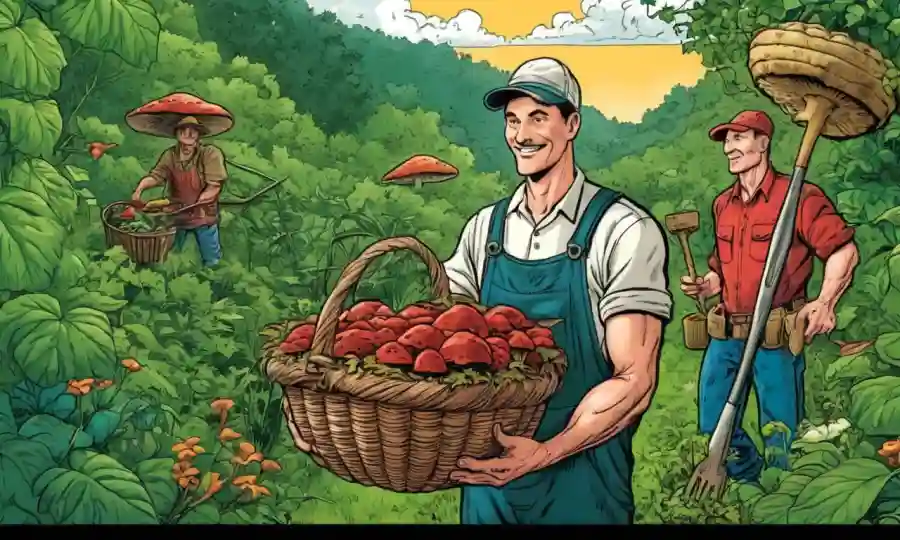 Farmer holding cesta de hongos en medio de exuberante vegetación y herramientas agrícolas.