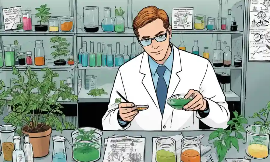 Un científico de laboratorio que maneja una muestra de planta en un plato de petri, rodeado de notas y diagramas.