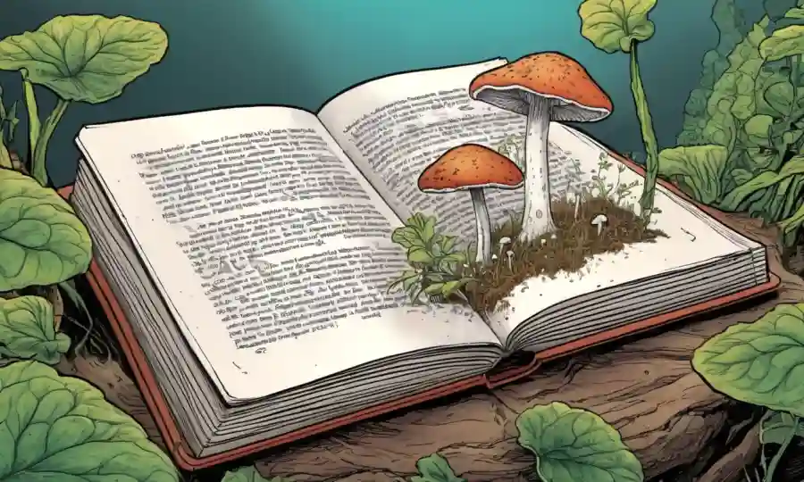Ilustración científica de hongos creciendo dentro del tejido vegetal con un libro abierto en el fondo.