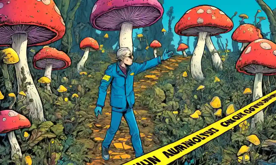 Una persona en un ambiente psicodélico, con hongos y cinta advertida.