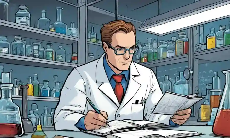 Científico observando y notando características de las especies en un entorno de laboratorio.