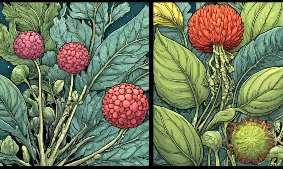 Ilustraciones microscópicas o botánicas comparando características morfológicas entre especies similares.