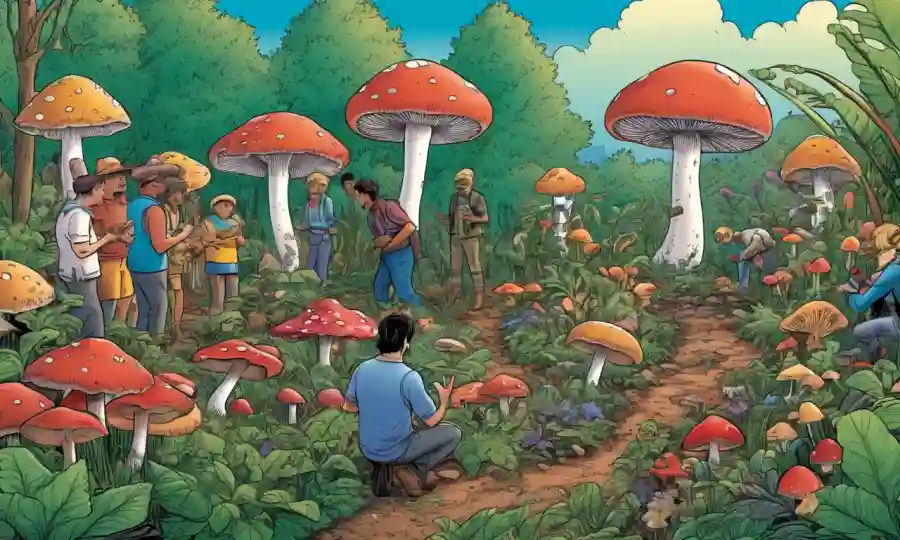 Las personas se reunieron alrededor de una muestra de hongos, rodeada de plantas, destacando las percepciones culturales de los hongos y la sostenibilidad.