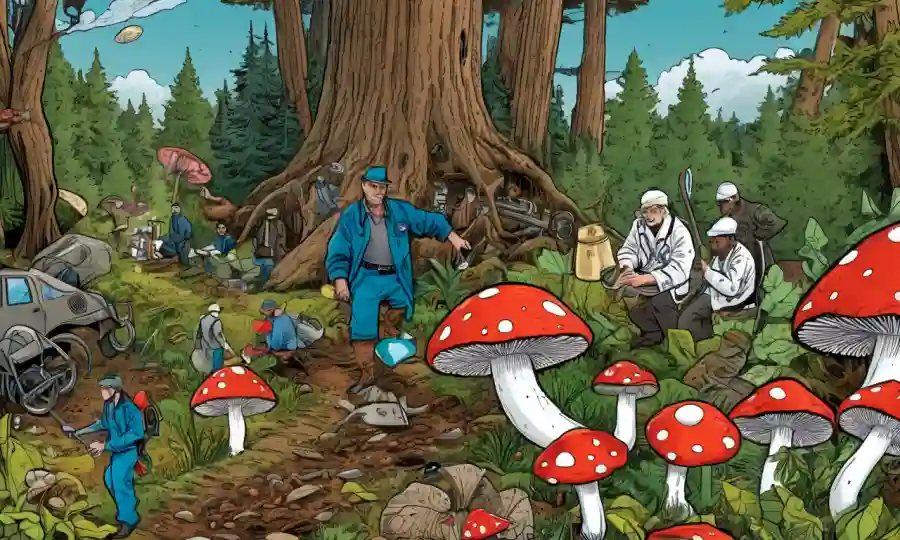 Personas que cosechan hongos en un bosque, rodeado de varios símbolos culturales y modernos elementos de investigación médica.