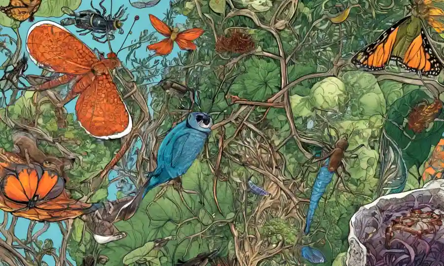 Micrografía mostrando diversas conexiones ecológicas entre las criaturas de la naturaleza.