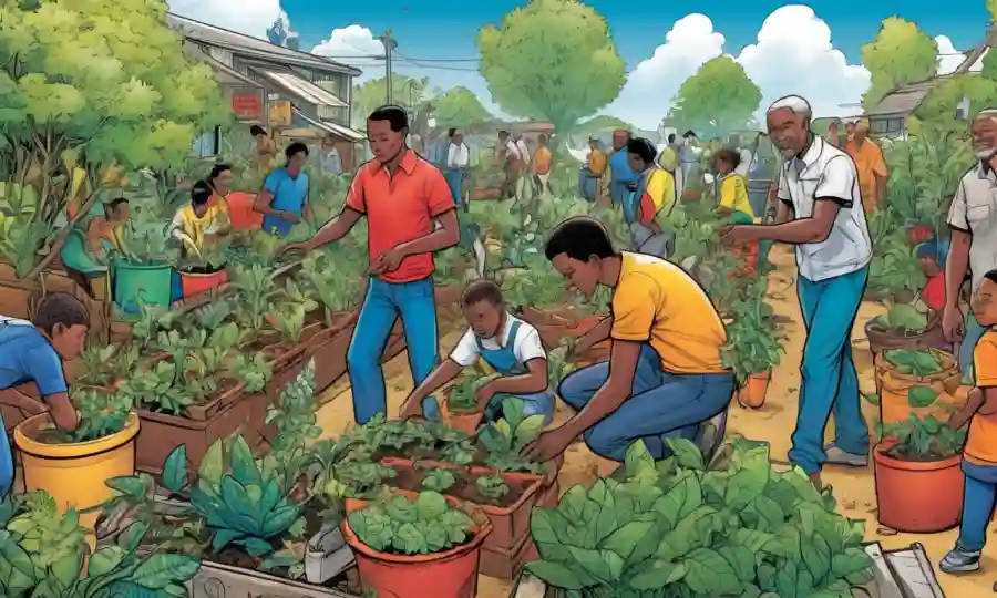 Ilustración de diversas plantas y miembros de la comunidad que participan en actividades ambientales.
