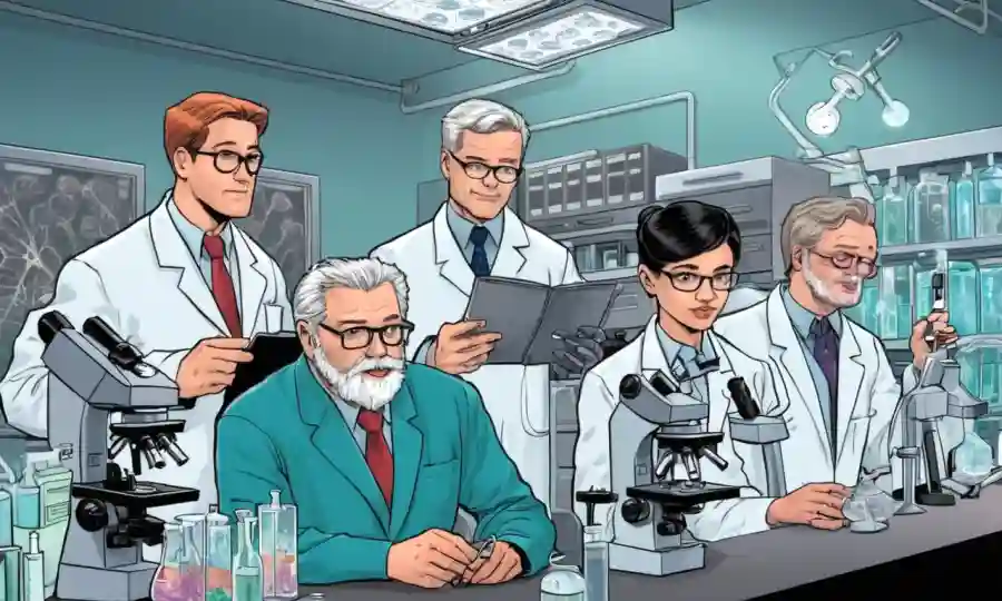 Científicos reunidos en un podio discutiendo hallazgos fúngicos bajo equipos de laboratorio y diapositivas microscopio.