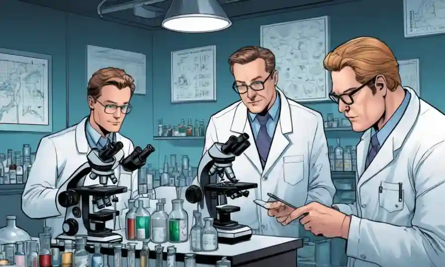 Científicos en capas de laboratorio que examinan muestras de microscopio, con gráficos y gráficos detrás.