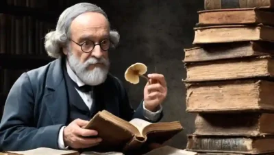Retrato de filósofo francés mirando al hongo en viejos libros de fondo.