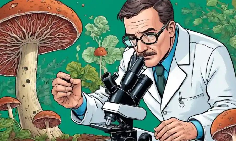 Un científico mirando hongos bajo un microscopio con contexto agrícola y médico.