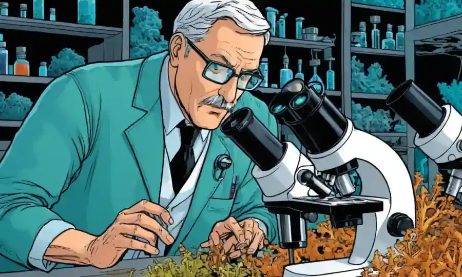 Científico en la estación de laboratorio examinando muestras de hongos a través del microscopio.