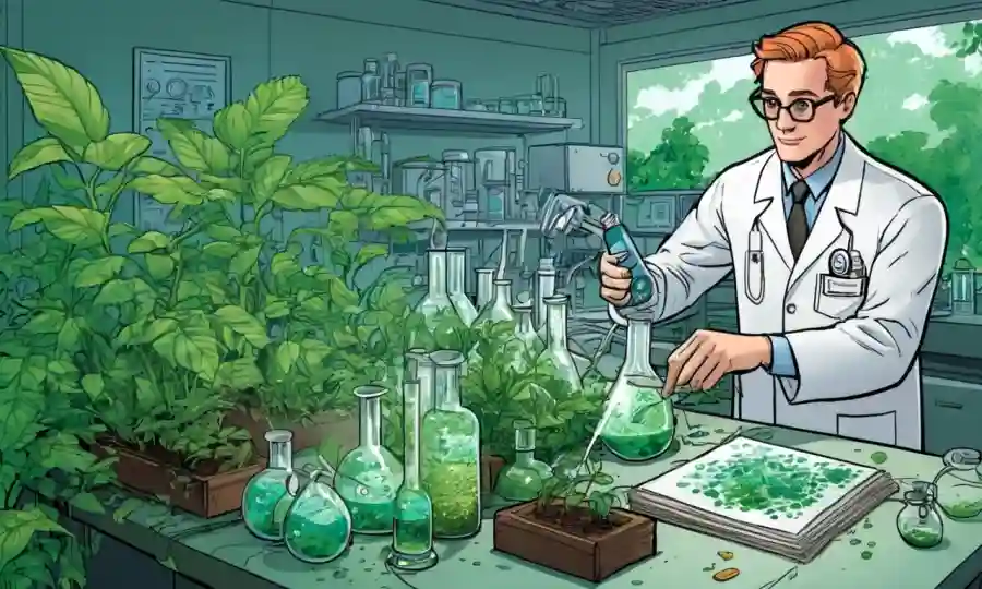 Científico analizando microorganismos en un laboratorio en medio de vegetación.