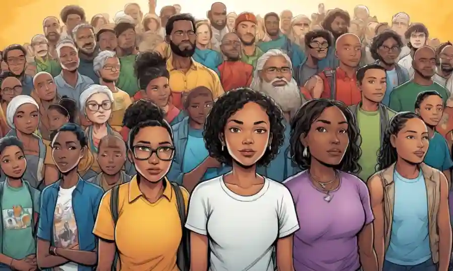 Activistas multiculturales se unen al unísono contra un trasfondo de organismos interconectados a diferentes escalas.