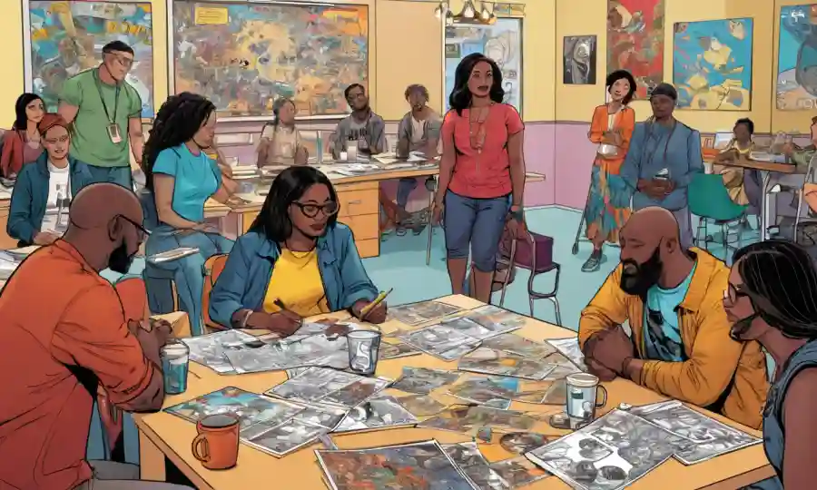 Gente de diversos orígenes colaborando en un espacio creativo compartido rodeado de imaginativas visualizaciones.
