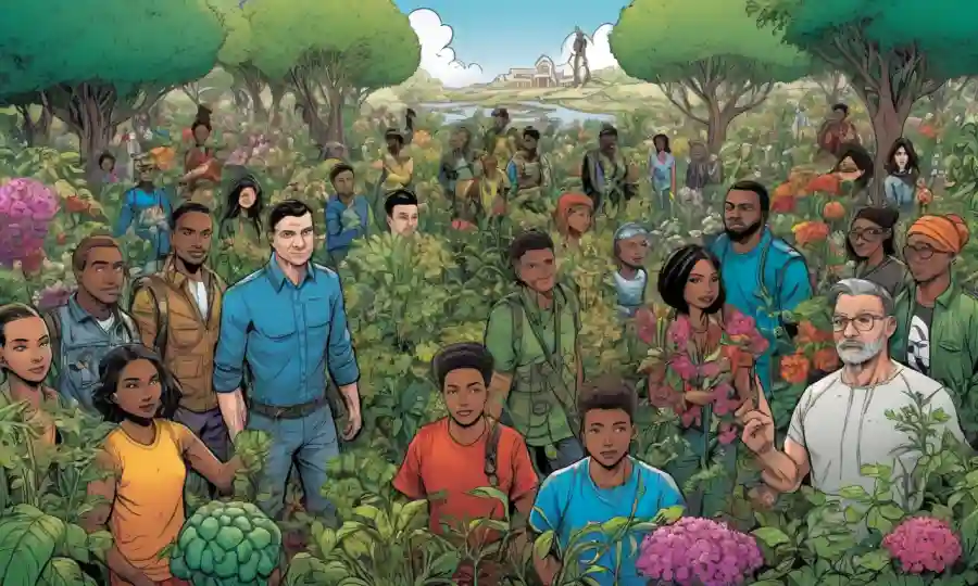 Un grupo diverso de activistas formando una red simbiótica con flora diversa.