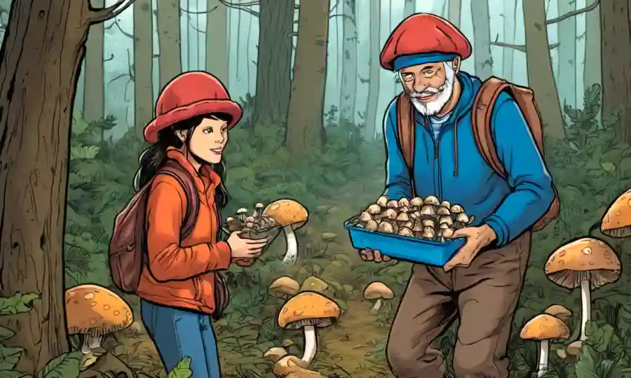 Miembros de la comunidad local recolectando setas en el bosque juntos.