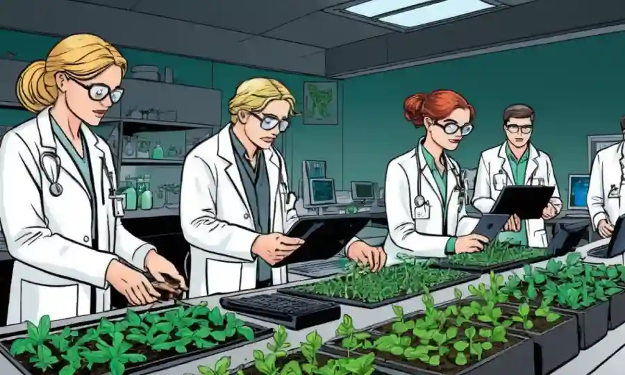 Investigador sonriendo mientras sostiene una revista científica en una mesa de laboratorio futurista.