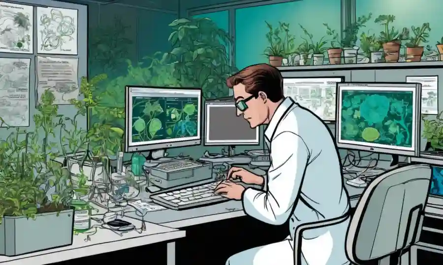 Científico rodeado de plantas y notas en un entorno de laboratorio, con datos relacionados con el endofito en pantallas informáticas.