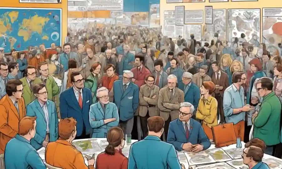 Las personas que participan en conversaciones animadas en un evento científico