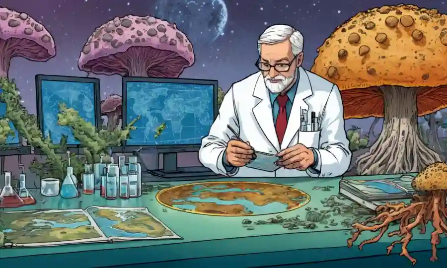 Un científico que estudia hongos en un laboratorio, con mapas climáticos globales y árboles que sufren de enfermedades en el fondo.