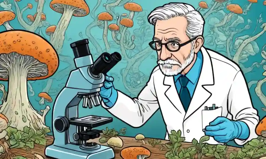 Un científico que examina hongos bajo microscopio