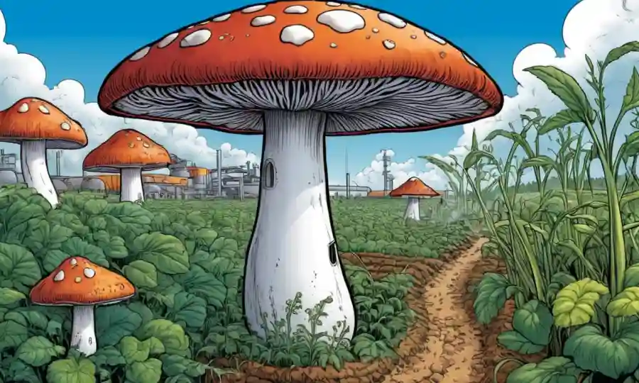 Un cultivo de hongos en medio de cultivos agrícolas e instalaciones de producción de biocombustibles.