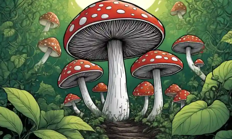 Un hongo creciendo naturalmente en medio de vides, rodeado de patrones de agitación.