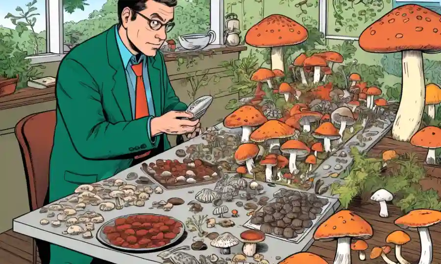 Una persona que inspecciona diversos tipos de hongos en una mesa, con textos advertidos e ilustraciones que los rodean.