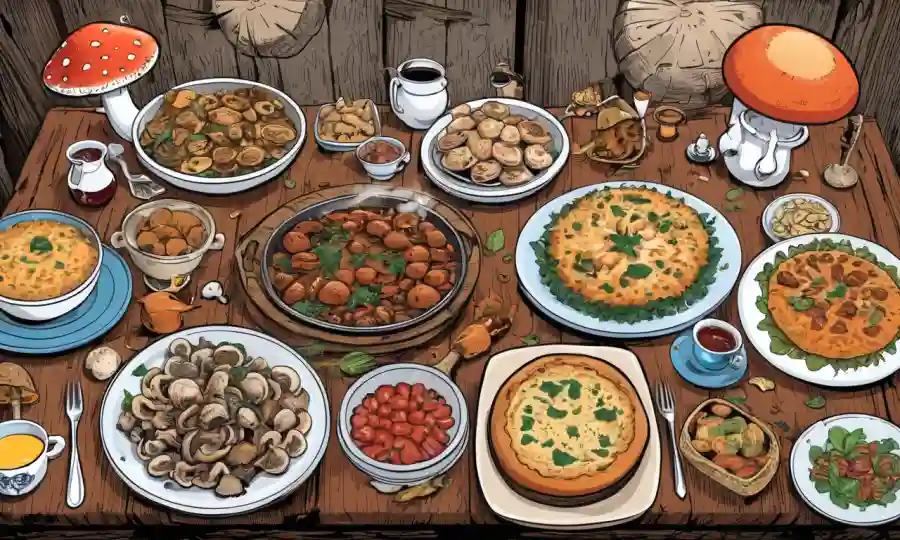 Setas exhibidas en medio de iconos de cultura popular y platos tradicionales en una mesa rústica.