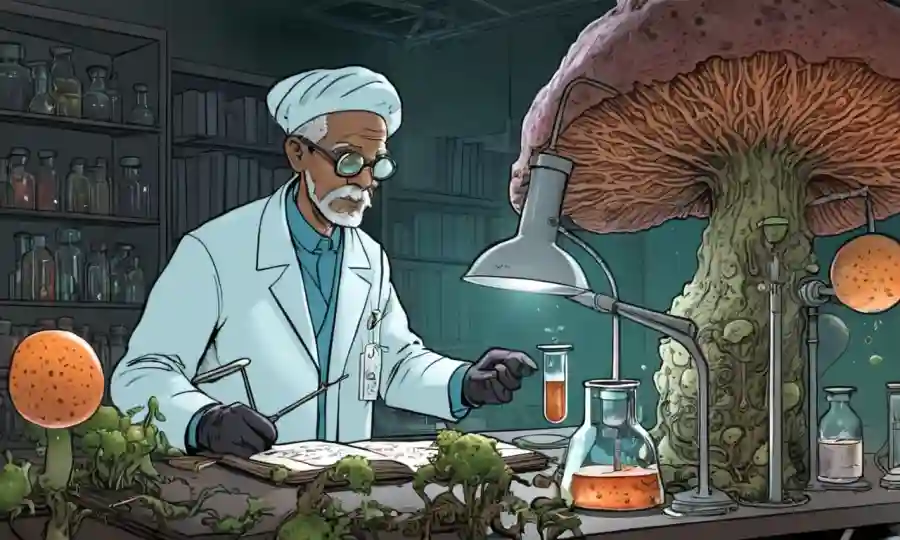 Un estudioso de hongos que estudia escleroides en un ambiente de laboratorio.