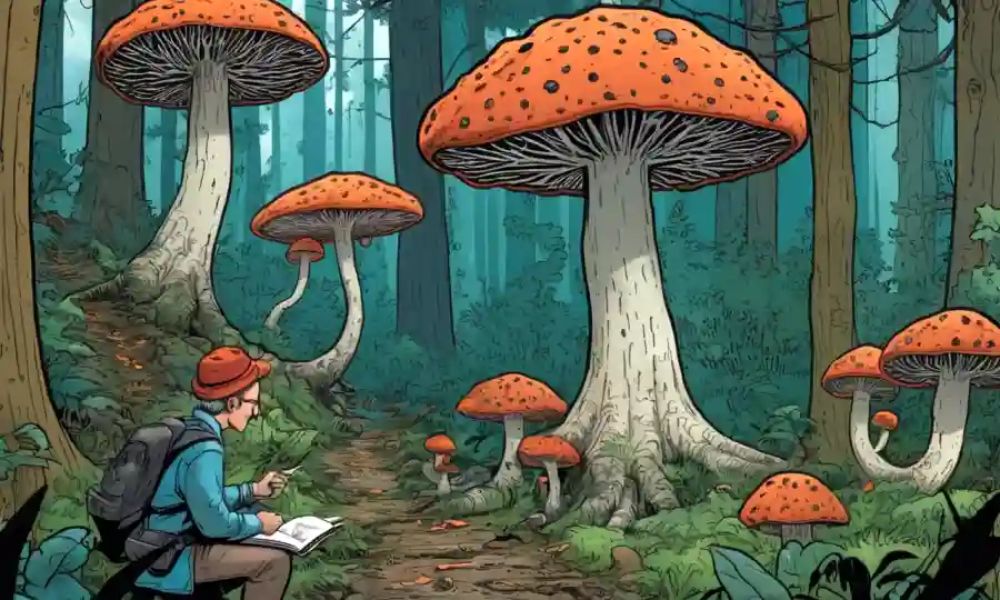 Micólogos estudiando redes fúngicas en medio de árboles en un bosque.