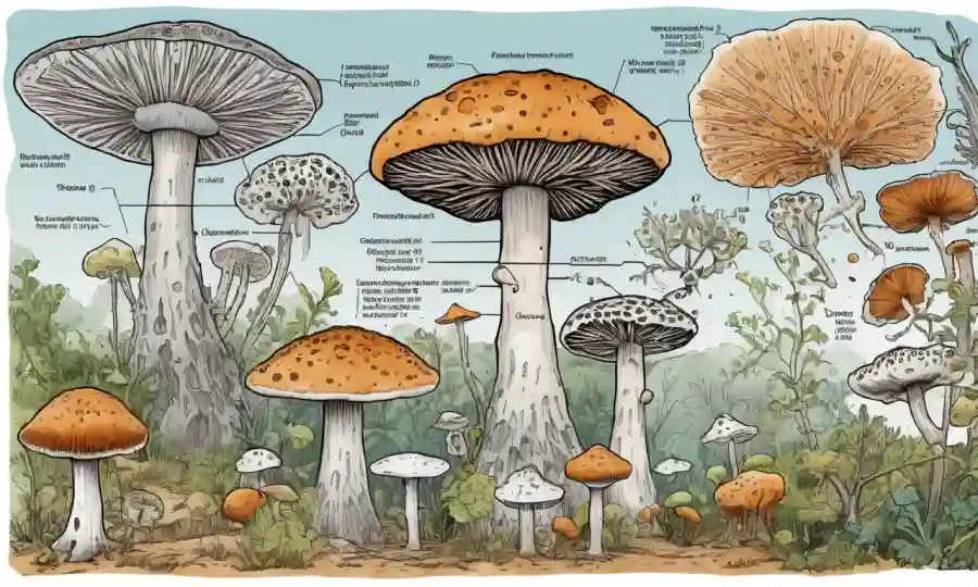 Imagen microscópica de hongos con datos demográficos y diagramas que ilustran el proceso de formación de esporas.