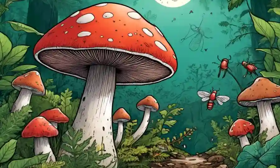 Un hongo con vegetación e insectos lo rodearon, mostrando procesos ecológicos.