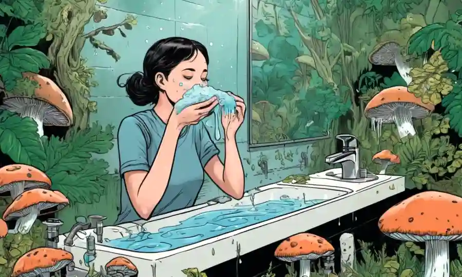 Una persona que practica buena higiene con jabón y agua mientras está rodeada de ilustraciones de hongos.