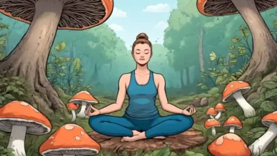 Persona haciendo yoga o meditación rodeada de hongos y elementos naturales para impulsar el sistema inmunitario.