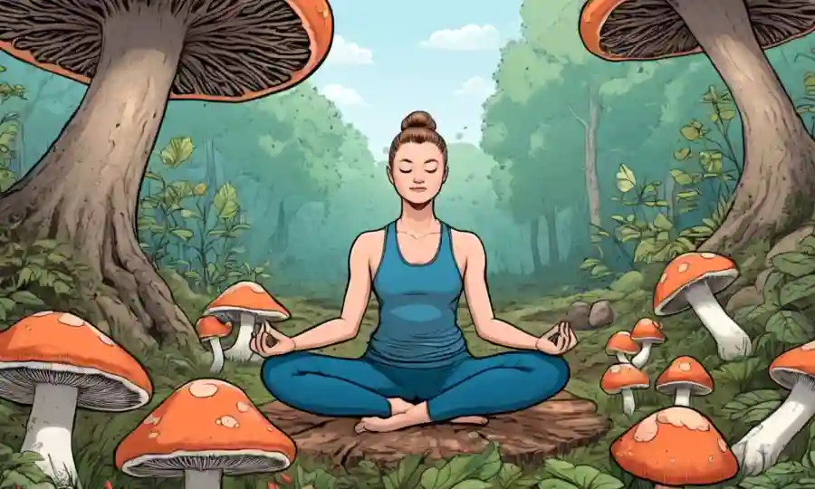 Persona haciendo yoga o meditación rodeada de hongos y elementos naturales para impulsar el sistema inmunitario.
