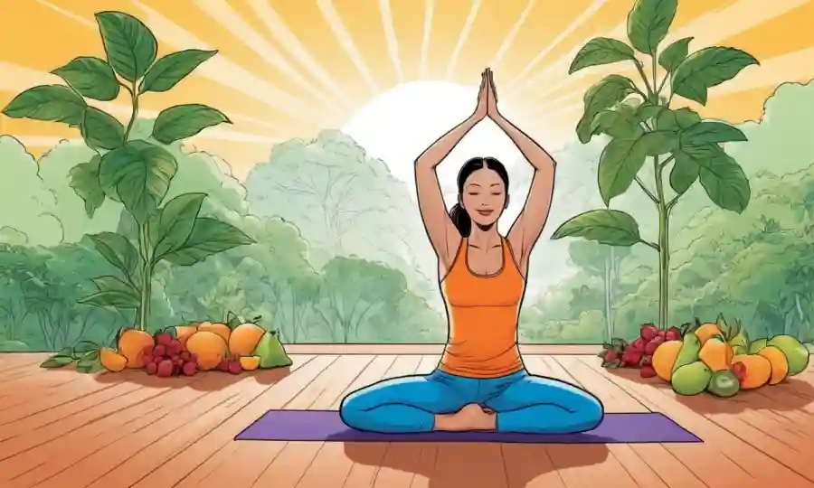 Una persona haciendo yoga y disfrutando de fruta fresca para aumentar la inmunidad.