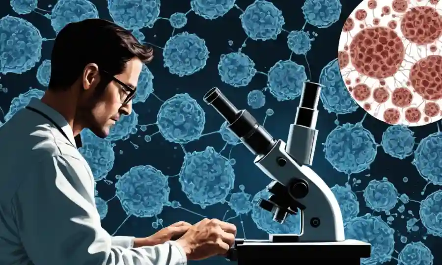 Una persona mirando un microscopio con células fúngicas y diagramas de sistema inmunitario que forman una conexión.