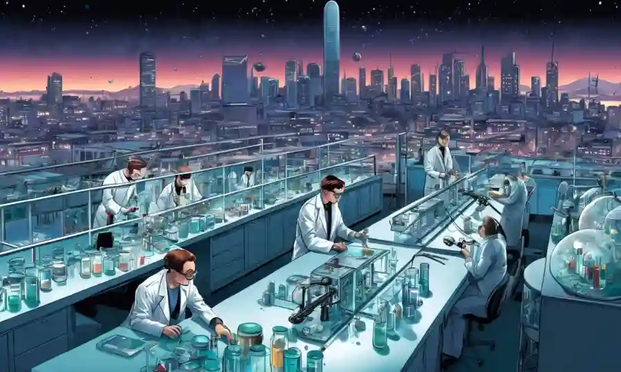 Científicos trabajando en laboratorios con platos petri y microscopios en medio de un futurista paisaje urbano.